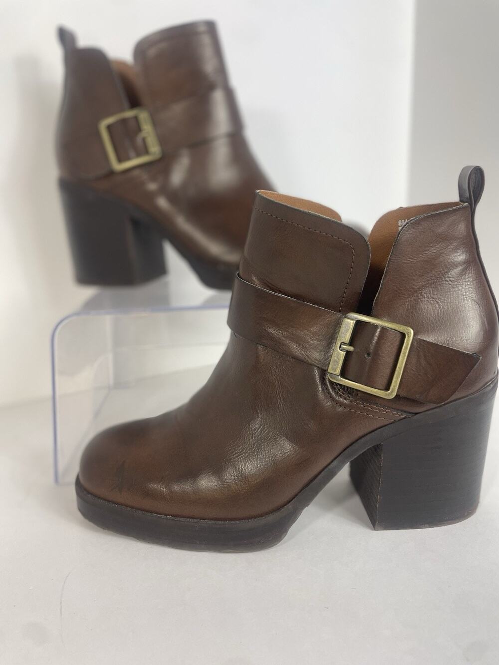 Kork's Brown Leather Gold Buckle Ankle Boots Chunky Heel Platform Women's 8M
